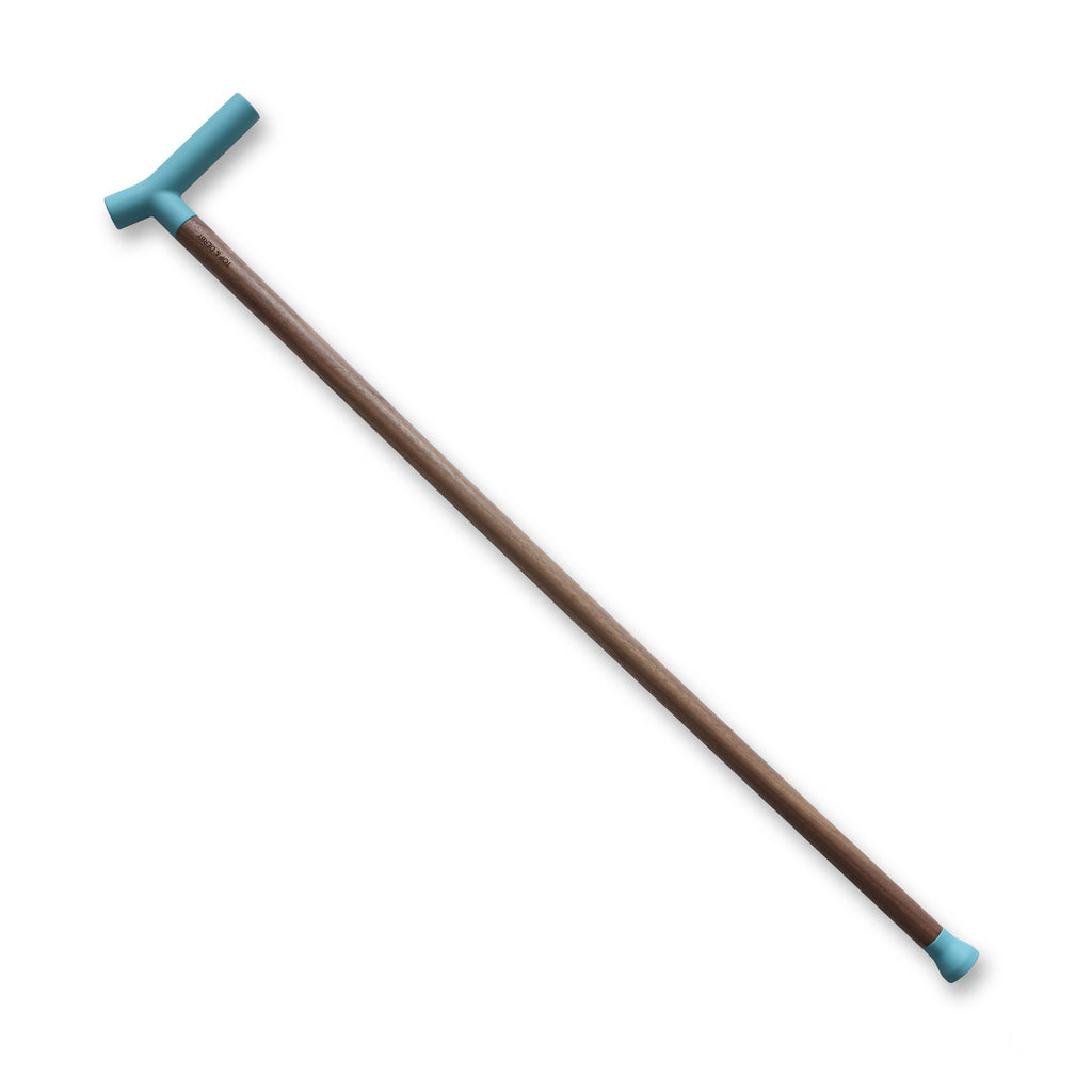 Designer walking stick with walnut and blue silicone handle